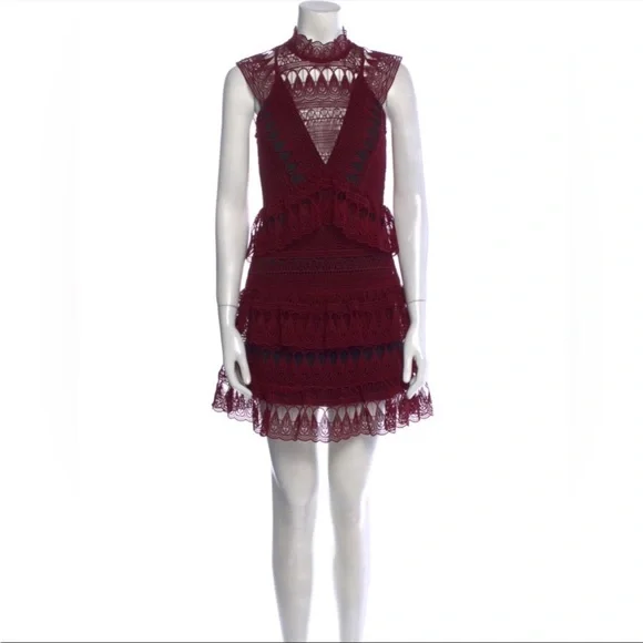 Self Portrait Teardrop Guipure Lace Dress Burgundy - Picture 4 of 10